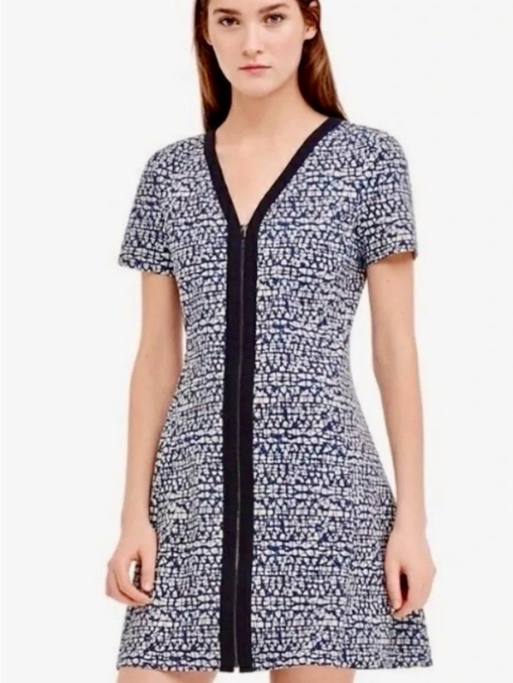 Tory Burch Peninsula Blue and White Geo Tribal Front Zip Ponte Scuba Dress | XS